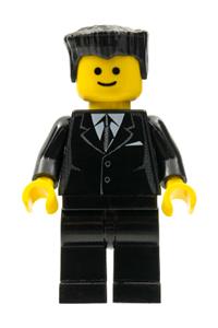 Male in suit Minifigure - Minifigure wearing a black suit, with black flat top hair, and a standard grin expression - cty0038