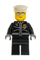 Police officer wearing a white hat and silver sunglasses, with a city leather jacket featuring a gold badge - cty0039