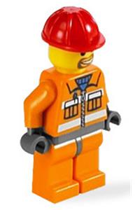 Construction Worker Minifigure - Construction Worker - Orange Zipper, Safety Stripes, Orange Arms, Orange Legs, Dark Bluish Gray Hips, Red Construction Helmet - cty0041