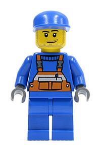 Male Minifigure - Male minifigure with blue cap and legs, wearing overalls with orange safety stripe, and sporting a smirk with stubble beard - cty0042