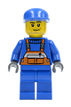 Male minifigure with blue cap and legs, wearing overalls with orange safety stripe, and sporting a smirk with stubble beard - cty0042