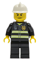 Firefighter with reflective stripes, wearing a white fire helmet and black legs, sporting angry eyebrows - cty0044