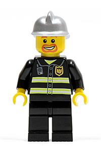 Firefighter Minifigure - Firefighter with reflective stripes, black legs, silver fire helmet, and a beard around the mouth - cty0045
