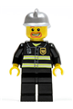 Firefighter with reflective stripes, black legs, silver fire helmet, and a beard around the mouth - cty0045