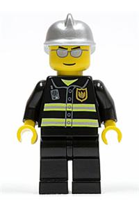 Firefighter Minifigure - Firefighter with reflective stripes, wearing silver fire helmet, sunglasses, and black legs - cty0047