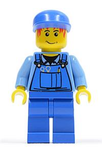 Male in Blue Overalls Minifigure - Minifigure with blue overalls with tools in pocket, blue cap, and messy red hair - cty0050