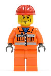 Construction Worker Minifigure - Construction worker with orange zipper, safety stripes, arms, and legs, wearing a red construction helmet - cty0052