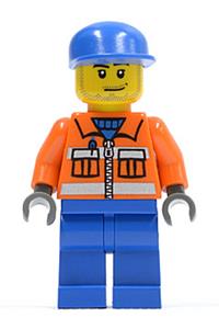 Ground Crew Minifigure - Minifigure with orange arms, wearing a orange zipper with safety stripes, blue legs, a blue cap, sporting a smirk and stubble beard - cty0054