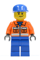 Minifigure with orange arms, wearing a orange zipper with safety stripes, blue legs, a blue cap, sporting a smirk and stubble beard - cty0054