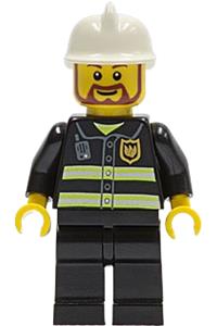 Firefighter Minifigure - Firefighter with reflective stripes, black legs, white fire helmet, and a rounded brown beard - cty0055