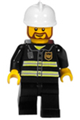 Firefighter with reflective stripes, black legs, white fire helmet, and a rounded brown beard - cty0055