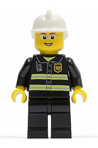 Firefighter Minifigure - Firefighter with reflective stripes, wearing black legs, a white fire helmet, glasses, and sporting an open smile - cty0056
