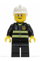 Firefighter with reflective stripes, wearing black legs, a white fire helmet, glasses, and sporting an open smile - cty0056
