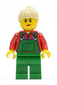 Farmer in Overalls Minifigure - Farmer wearing green overalls with tan hair in a ponytail - cty0059