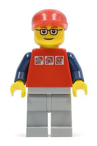 Male Minifigure - Minifigure with red shirt featuring 3 silver logos, dark blue arms, light bluish gray legs, and glasses - cty0060
