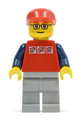 Minifigure with red shirt featuring 3 silver logos, dark blue arms, light bluish gray legs, and glasses - cty0060
