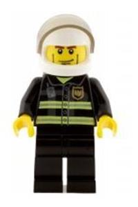 Fireman Minifigure - Fireman with reflective stripes, wearing a white standard helmet, black legs, and cheek lines - cty0062