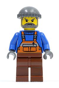 Worker in Overalls Minifigure - City worker with safety stripe orange overalls, reddish brown legs, and a dark bluish gray knit cap - cty0064