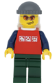 Minifigure wearing a red shirt with 3 silver logos, dark blue arms, orange glasses, and a backpack - cty0066