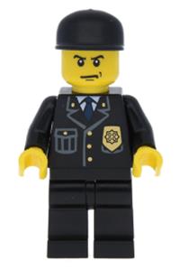 Police Officer Minifigure - Police officer in a city suit with a blue tie and badge, black legs, and a black cap - cty0067