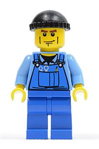 Worker in Blue Overalls Minifigure - Minifigure wearing blue overalls with tools in pocket, black knit cap, and cheek lines - cty0076