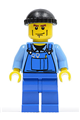 Minifigure wearing blue overalls with tools in pocket, black knit cap, and cheek lines - cty0076
