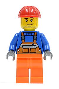 Worker in Orange Overalls - Minifigure wearing orange overalls with safety stripes, red construction helmet, and sporting a smirk with stubble beard - cty0079