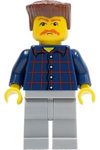 Male in Plaid Button Shirt - Minifigure wearing plaid button shirt with bushy moustache and light bluish gray legs - cty0082