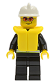 Firefighter with reflective stripes, black legs, white fire helmet, orange sunglasses, and a life jacket - cty0085
