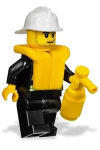 Firefighter Minifigure - Firefighter with reflective stripes, black legs, white fire helmet, smirk and stubble beard, and life jacket - cty0086
