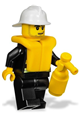 Firefighter with reflective stripes, black legs, white fire helmet, smirk and stubble beard, and life jacket - cty0086