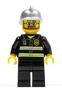Firefighter Minifigure - Firefighter with reflective stripes, black legs, silver fire helmet, beard, and glasses - cty0087