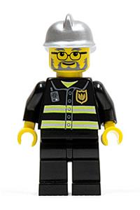 Firefighter Minifigure - Firefighter with black legs, wearing a silver fire helmet, glasses, and a beard, featuring reflective stripes - cty0088