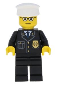 Police Officer Minifigure - Police minifigure in a city suit with a blue tie and badge, wearing black legs, glasses, and a white hat - cty0091