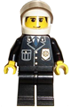Police minifigure wearing a city suit with a blue tie and badge, black legs, a white helmet with a trans-black visor, smiling - cty0092