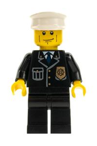 Police Officer Minifigure - Police minifigure in city suit with blue tie and badge, black legs, vertical cheek lines, brown eyebrows, white hat - cty0095