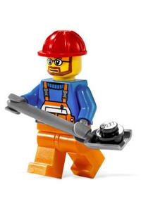 Worker in Orange Overalls - City worker wearing safety stripe orange overalls, orange legs, red construction helmet, beard, and glasses - cty0096