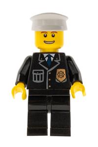 Police Officer Minifigure - Police minifigure with a city suit, blue tie, badge, black legs, thin grin with teeth, and white hat - cty0098