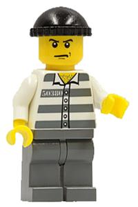 Jail Prisoner Minifigure - Prisoner 50380 wearing jail stripes, dark bluish gray legs, a black knit cap, with angry eyebrows and a scowl - cty0100