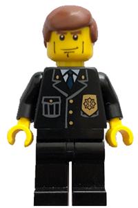 Police Officer Minifigure - Police Officer wearing police city suit with blue tie and badge, black legs, vertical cheek lines, and reddish brown hair - cty0101