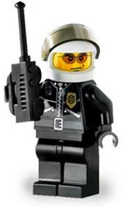 Police Officer Minifigure - City police officer wearing a white helmet with a trans-black visor, orange sunglasses, and a leather jacket with gold badge - cty0102