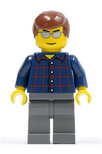 Male in Plaid Button Shirt - Minifigure with a plaid button shirt, reddish brown male hair, silver sunglasses, and dark bluish gray legs - cty0103