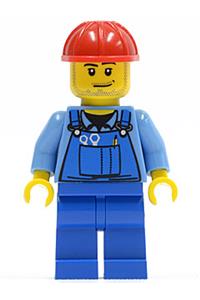 Forklift Driver Minifigure - Minifigure with blue overalls with tools, red construction helmet, smirk, and stubble beard - cty0104