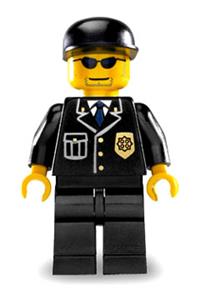 Police Officer Minifigure - Police officer wearing a city suit with a blue tie and badge, black legs, sunglasses, and a black cap - cty0106