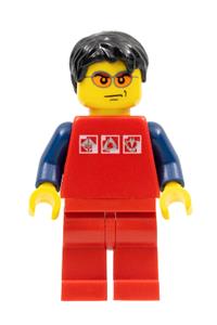 Surfer Minifigure - Minifigure with a red shirt featuring 3 silver logos, dark blue arms, and red legs - cty0108