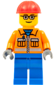 Construction Worker - Orange Zipper, Safety Stripes, Orange Arms, Blue Legs, Red Construction Helmet, Brown Eyebrows, Glasses - cty0110