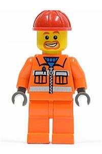 Construction Worker Minifigure - Construction worker with orange zipper, safety stripes, orange arms, orange legs, red construction helmet, and a beard around mouth - cty0111