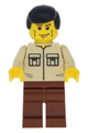 Minifigure with a shirt having 2 pockets and no collar, paired with reddish brown legs and black male hair - cty0112