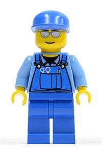 Worker in Blue Overalls Minifigure - Minifigure wearing blue overalls with tools in pocket, a blue cap, and silver sunglasses - cty0114
