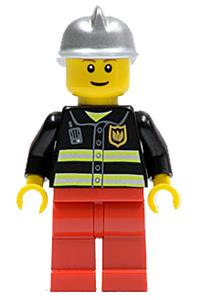 Firefighter Minifigure - Firefighter with reflective stripes, red legs, silver fire helmet, brown eyebrows, and a thin grin - cty0115